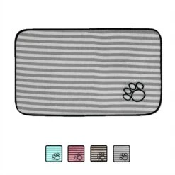 Bone Dry Stripe Embroidered Paw Print Dog & Cat Food Mat