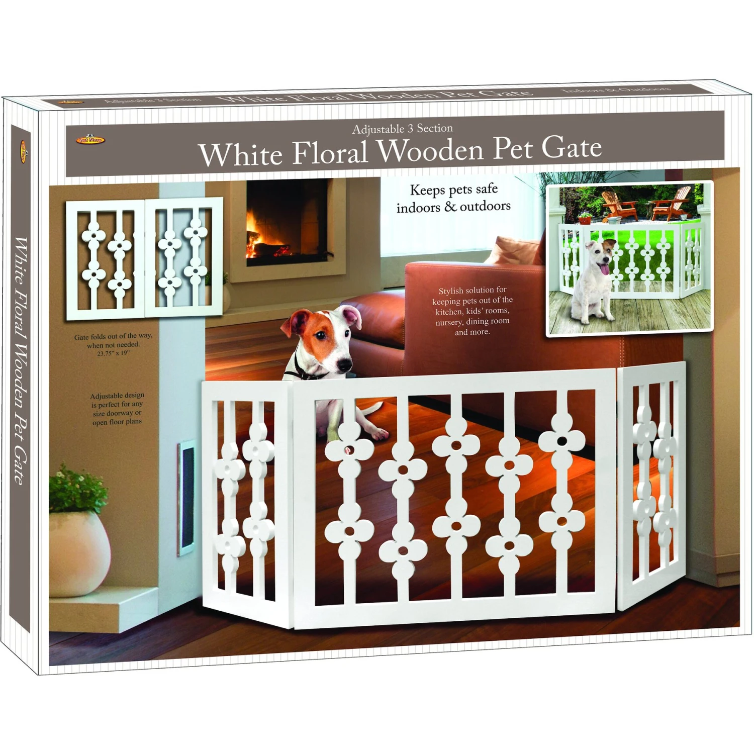 Etna Flower Cut Out Design Adjustable Wooden Pet Gate, White 1 Etna Flower Cut Out Design Adjustable Wooden Pet Gate, White