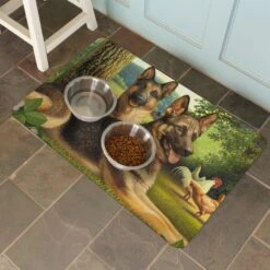 Bungalow Flooring German Shepherds & Chickens Dog Dinner Mat, 36 X 23-in -Dog Supply Store 235673 PT2. AC SS1800 V1615332421
