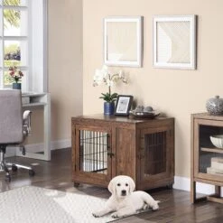 Unipaws Wooden Wire Furniture End Table Dog Crate, Walnut