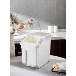 Hanamya Pet Food Storage Container With Measuring Cup, White & Gray -Dog Supply Store 511766 PT5. AC SS1800 V1649226407