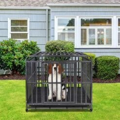SMONTER Heavy Duty Metal Anxiety Indoor & Outdoor Large Breed Dog Crate, Dark Silver