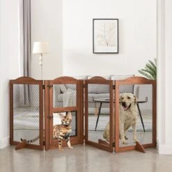 Unipaws 4 Panel Wire Mesh Dog & Cat Gate With Small Pet Door, Walnut, Large
