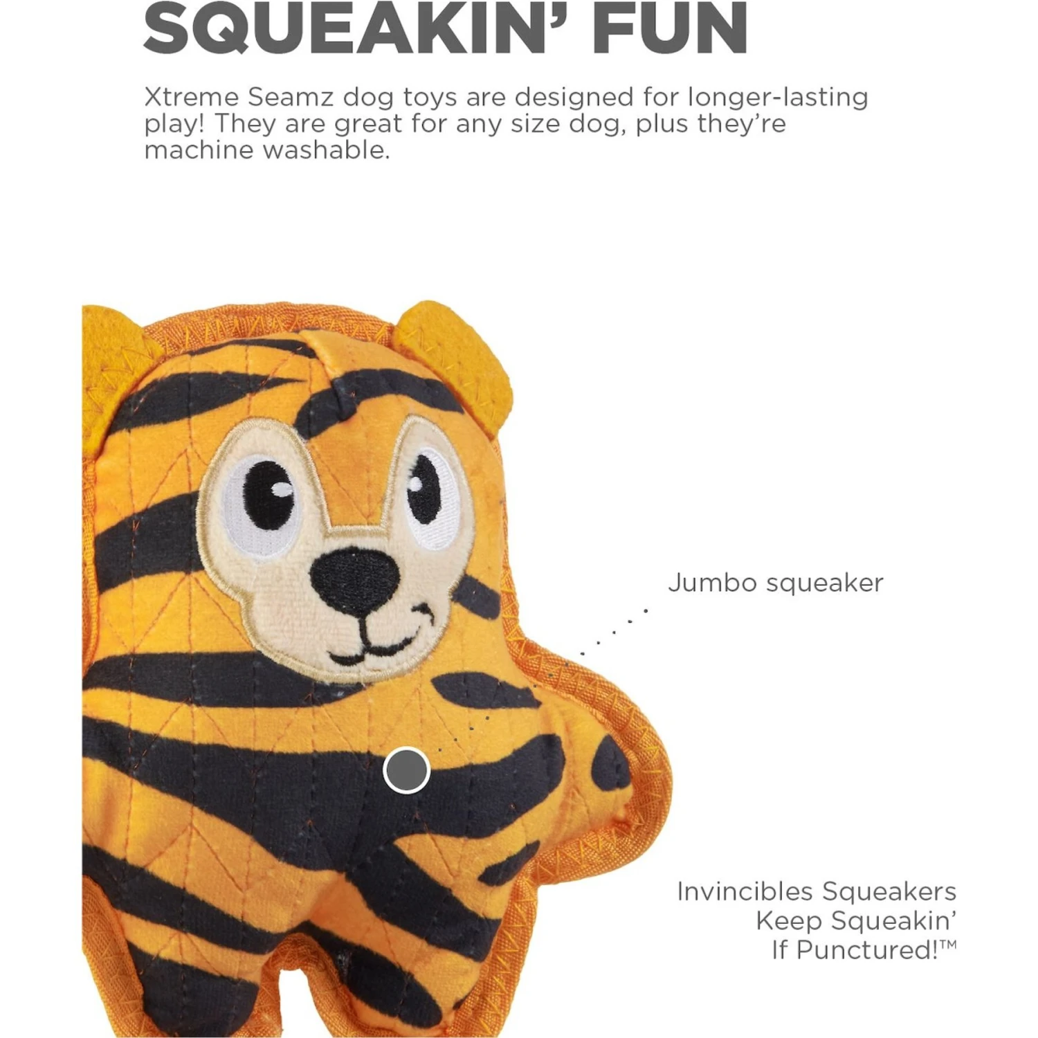 Outward Hound Xtreme Seamz Tiger Durable Squeaky Dog Toy, Orange, Medium 2 Outward Hound Xtreme Seamz Tiger Durable Squeaky Dog Toy, Orange, Medium - Image 2