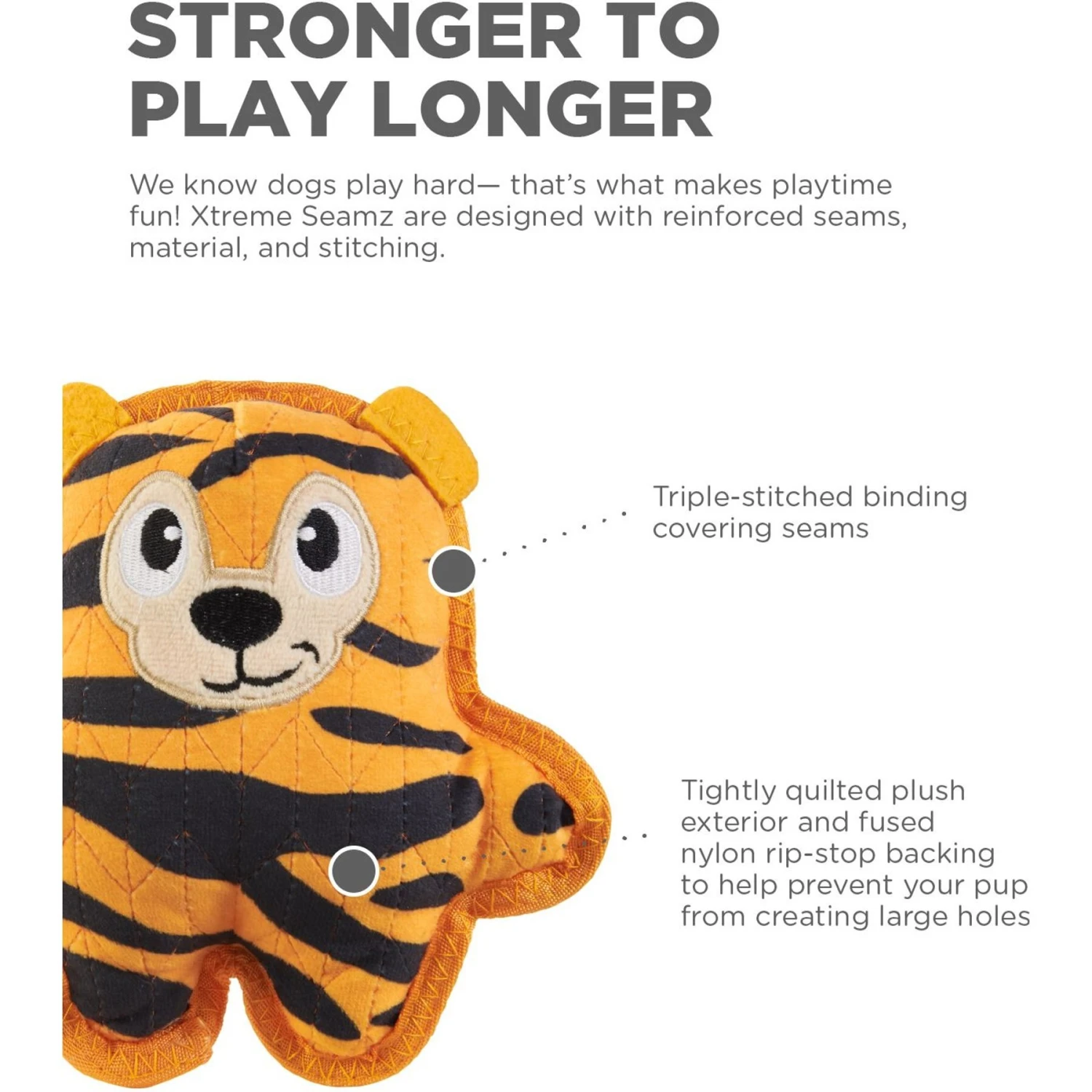 Outward Hound Xtreme Seamz Tiger Durable Squeaky Dog Toy, Orange, Medium 3 Outward Hound Xtreme Seamz Tiger Durable Squeaky Dog Toy, Orange, Medium - Image 3