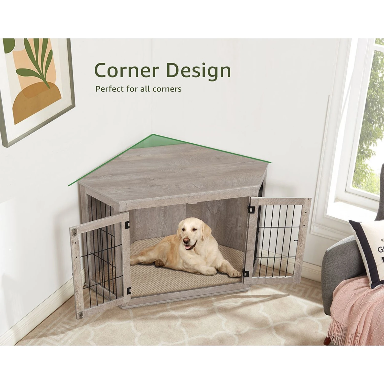 Unipaws Furniture Corner Dog Crate With Cushion, Weathered Grey 2 Unipaws Furniture Corner Dog Crate With Cushion, Weathered Grey - Image 2