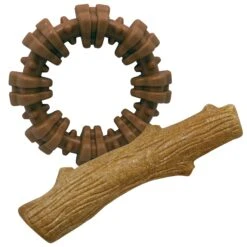 Petstages Dogwood Tough Dog Chew Toy & Nylabone Power Chew Textured Dog Chew Ring Toy Flavor Medley